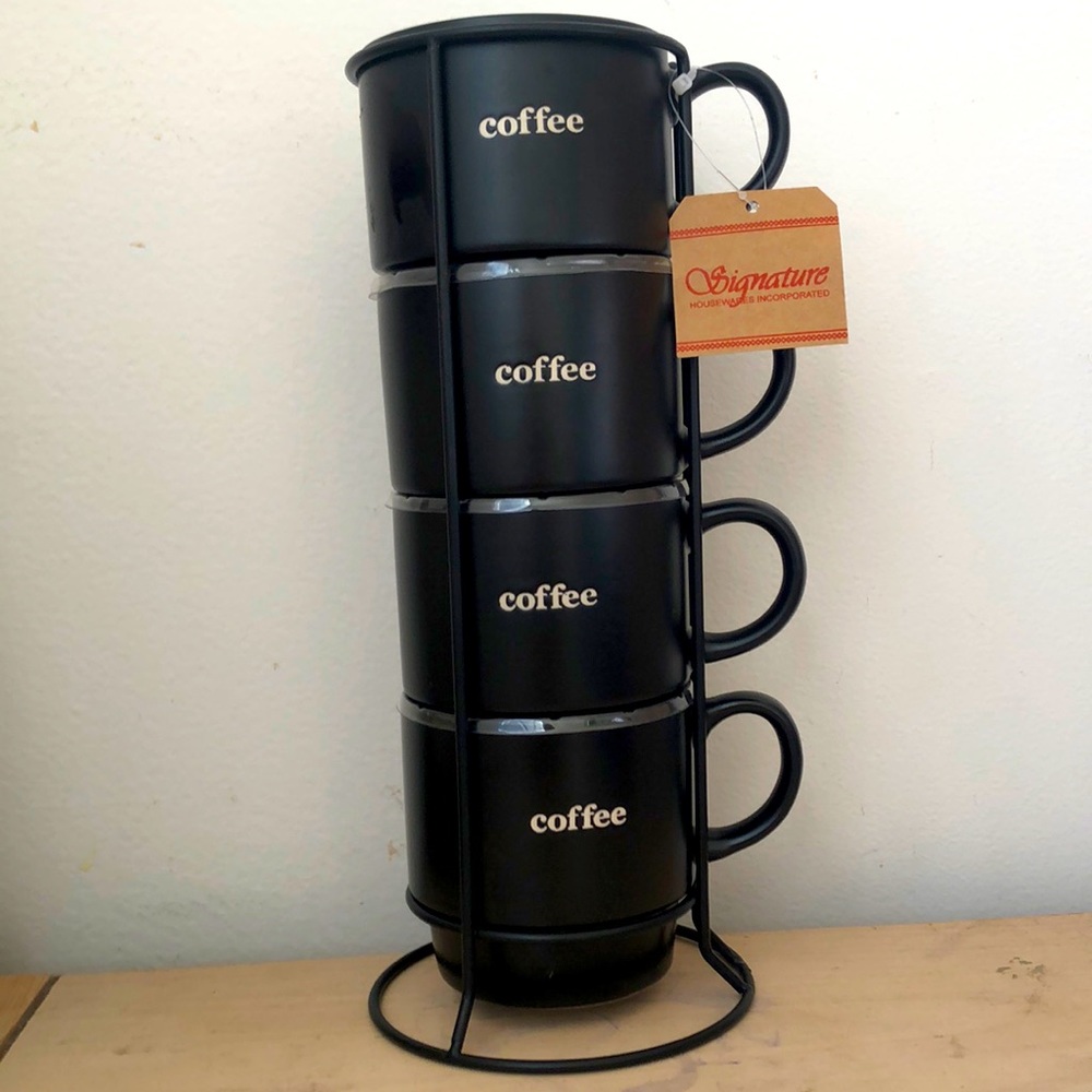 Set of four Coffee black stackable 17 oz coffee mugs with metal stand